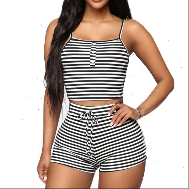 

summer 2pcs striped outfit womens tracksuits tank crop with decorative button tie waist shorts casual suit clothes, Gray