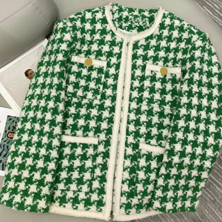 

Women's Jackets High-end Green Tweed Coats For Women Top Quality 3D Cut O-neck Long Sleeve Elegant Four Pocket Wool Lady Winter 2021, Black;brown