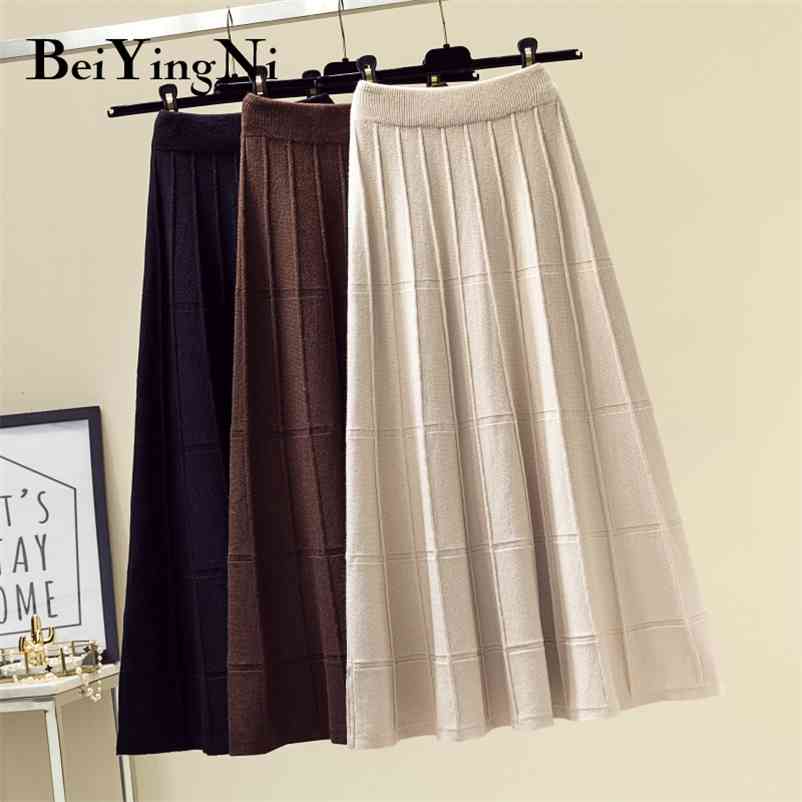 Beiyingni Vintage Skirt Women Knit High Waist A Line Soft Casual Elegant Black Skirts Streetwear Spring Autumn Fashion Midi Saia 210412Z
