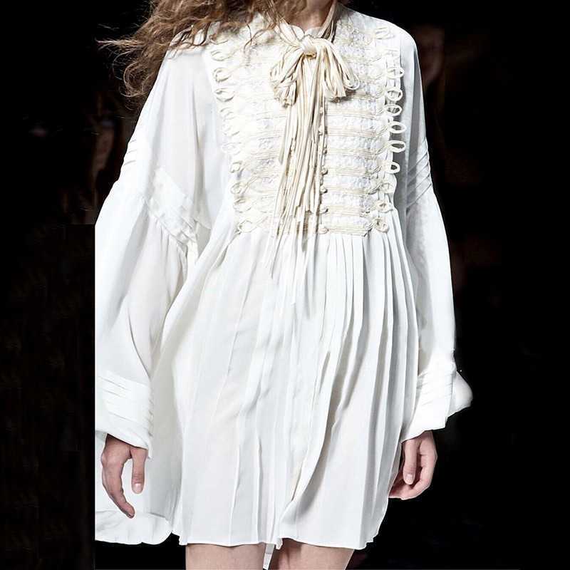 

Design Solid Embroidered Lantern Sleeve Stand Shirt Dress for Women 210615, White