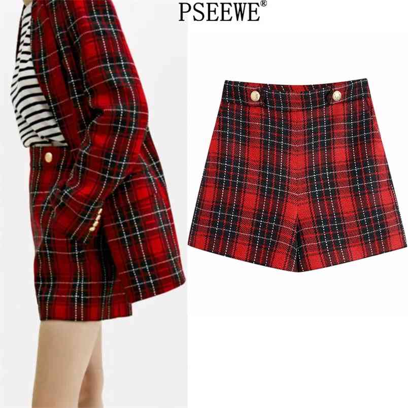 

Bermuda High Waist Short Women Red Tweed Plaid Woman Shorts Vintage Buttoned Side Zip A-Line Office Casual 210519