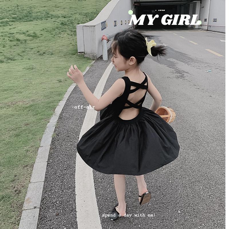 

Girl's Dresses Girls' Summer Korean Style Backless Elegant Little Black Dress Baby Cross Fashionable Stylish Vest