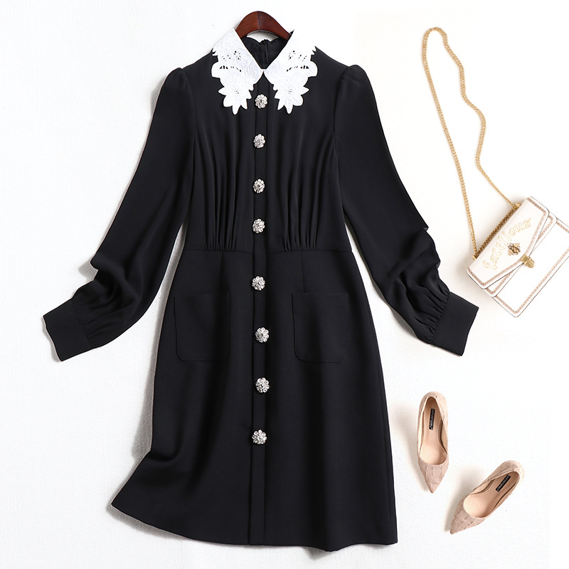 

2021 Spring Summer Long Sleeve Lapel Neck Black Print Panelled Buttons Single-Breasted Dress Elegant Casual Dresses 21A261011, Black;gray