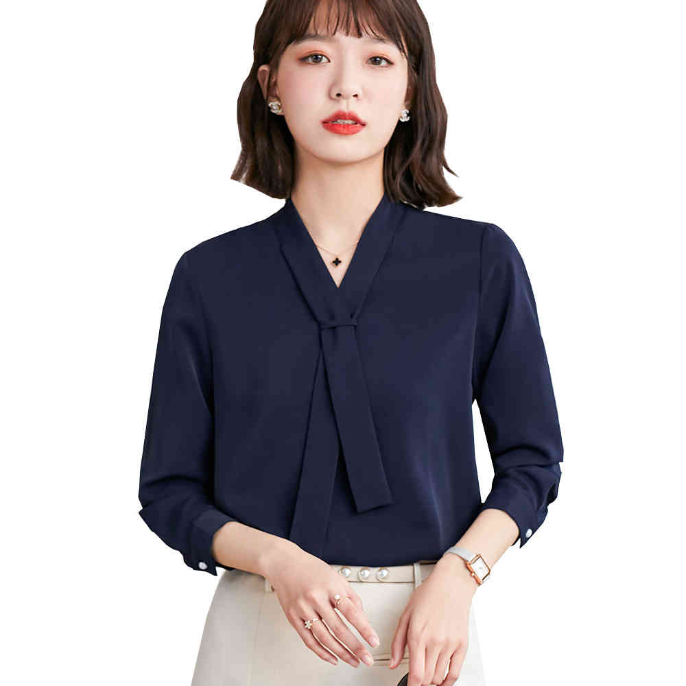 

Women' Blouses & Shirts Elegant Dark Blue White Office Ladies Bow Collar Women Long Sleeve Spring Business Work Wear Formal Shirt Tops JA2P, White blouse
