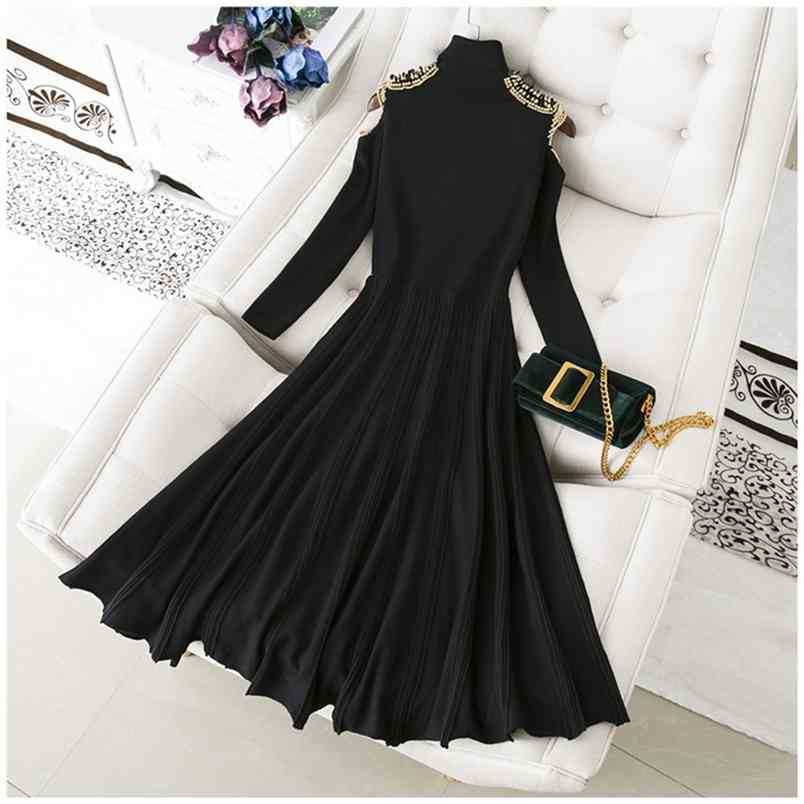 

Summer Sexy Bodycon Women' Dress High Collar Beaded A-line Black Vestido Chic Club Celebrity Party 210525