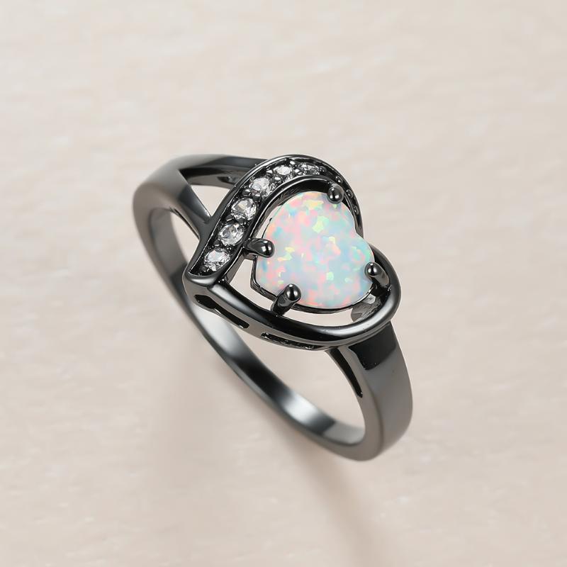 

Dainty Female Love Heart Thin Ring Cute 14KT Black Gold Crystal Wedding Rings For Women Vintage Bride White Opal Engagement