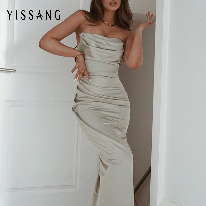 

yissang strapless satin high slit green dress women sleeveless pleated evening long dresses elegant 2021 summer party dress, Black;gray
