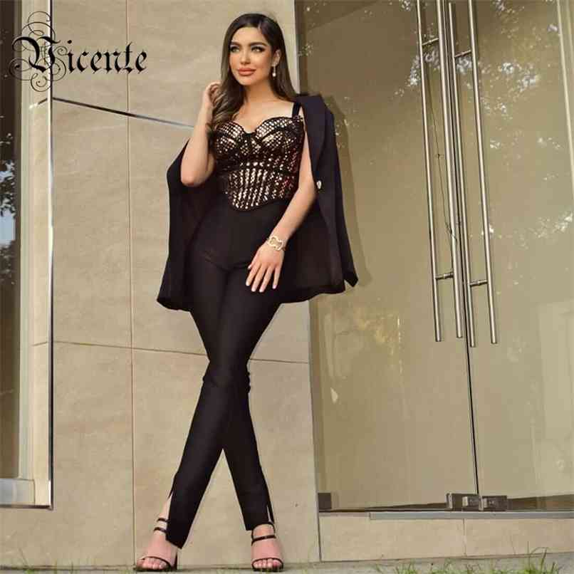 

Trendy Sparkle Sequins Design Two Pieces Suit Sexy Sleeveless Party Club Bandage Tops Pants 210520, Multi