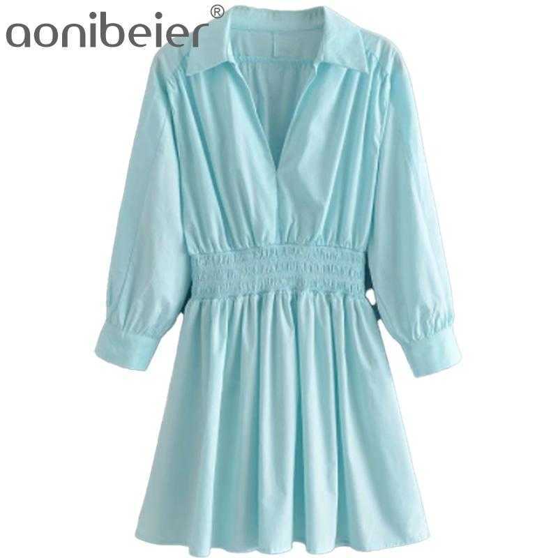 

Za Blue Green Skater Dress Summer Fashion Three Quarter Sleeve Deep V Elastic High Waist Women Casual Mini 210604, Gr