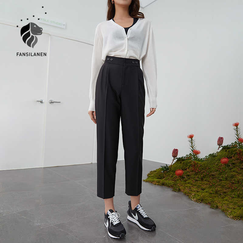 

FANSILANEN Casual office lady black suit pants Women elegant high waist trousers Spring summer pleated straight female 210607, Khaki