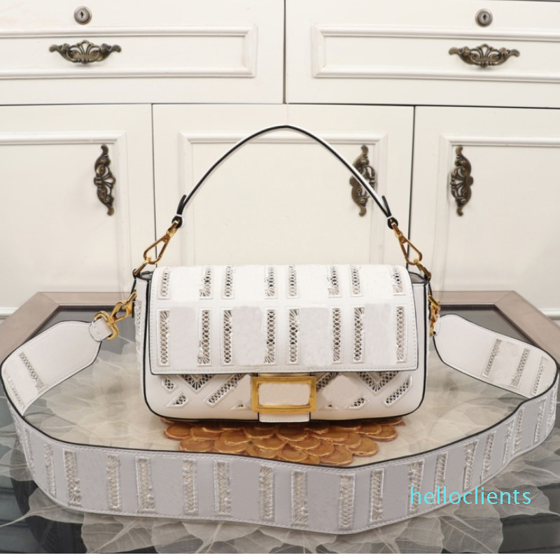 

2022 New luxury Brand Classic Women's Genuine Leather bags Metal Buckle Embroidery Hollow Shoulder Crossbody Female Baguette Clutch Bag