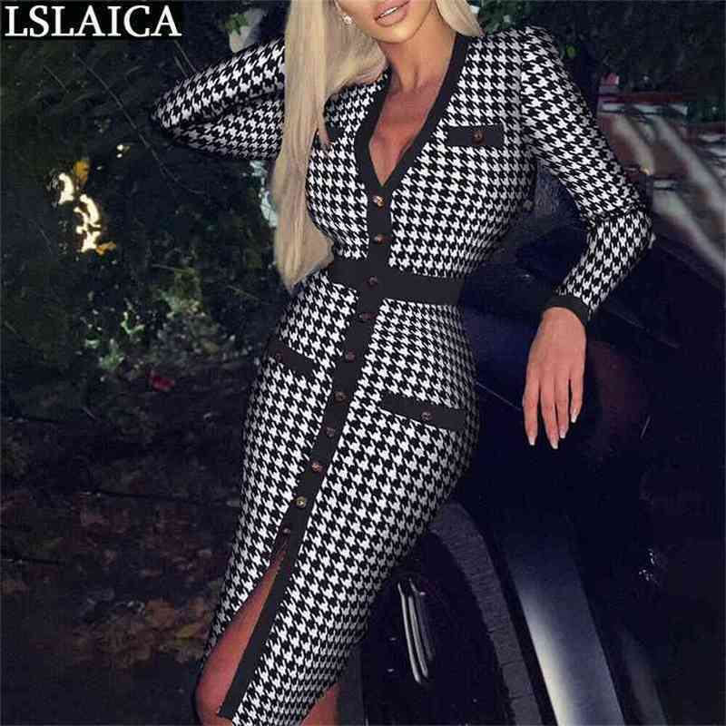 

Ladies Dresses Skinny Slim Deep V Neck Fashion Sale Elegant for Women Office Lady Hem Split Button Plaid Dress 210515, Black