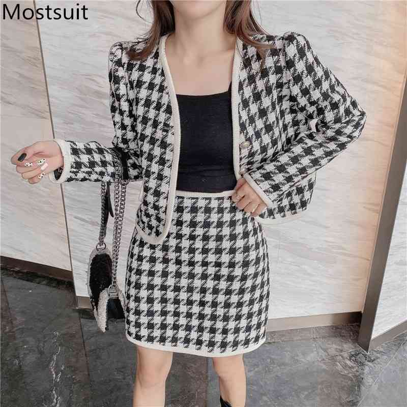 

Houndstooth Tweed Ladies Two Piece Skirt Sets Women Autumn Winter Coat + High Waist A-line Suits Vintage Fashion 210518, Black