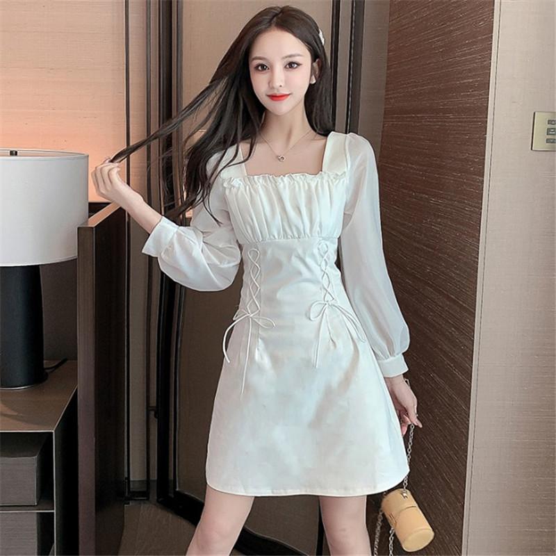 

Casual Dresses Mori Girl Japanese Style White Dress Women' Early Autumn Long-sleeved Waist Tie Bandage A-line, Black dress
