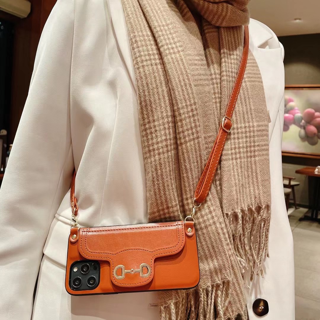 

Vogue Design Horsebit Phone Cases for iPhone 12 12pro 11 pro X Xs Max Xr 8 7 with Card Storage Slot Holder Portable Anti-skid Shoulder Cross Body Case Cover, Brown
