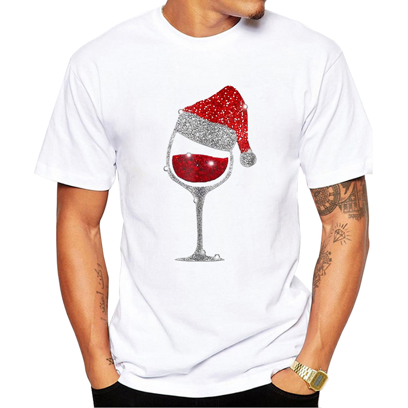 TEEHUB Fashion Christmas Men T-Shirt Diamond Wine Glasses Santa Hat Printed Funny Tshirts Short Sleeve t shirts Essential Tee-image-700988419