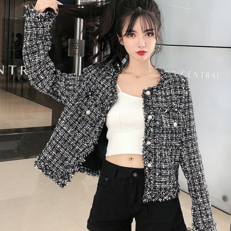 

Autumn women Tweed Jacket high quality Small Fragrance Korean Tweed Short Elegant Patchwork Jacket Female 210518, Photo color
