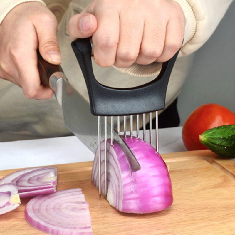 

Food Slice Assistant Vegetable Holder Stainless Steel Onion Cutter Chop Fruit Tomato Knife