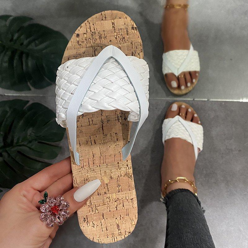 

Slippers 2021 Summer Style Home Woven Sandals Flip Flops Ladies Outer Wear Flat Beach And, Black