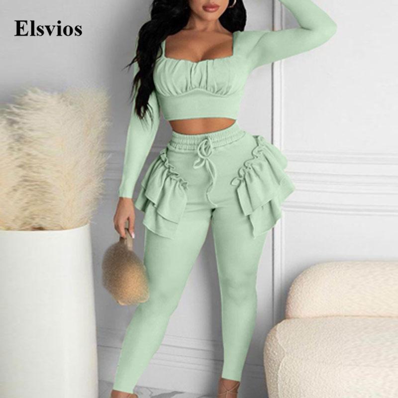 

Women' Two Piece Pants Fashion Double Ruffle Outfit Women Long Sleeve Pullover Tops+Drawstring High Waist 2pc Suit Spring Autumn Solid Simp, 02 black