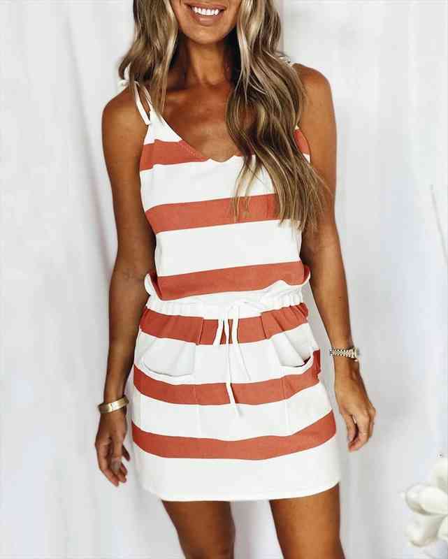 

Summer Products Womens Fashion Sling Mid-waist Temperament Commuter Striped Dress, Black;gray