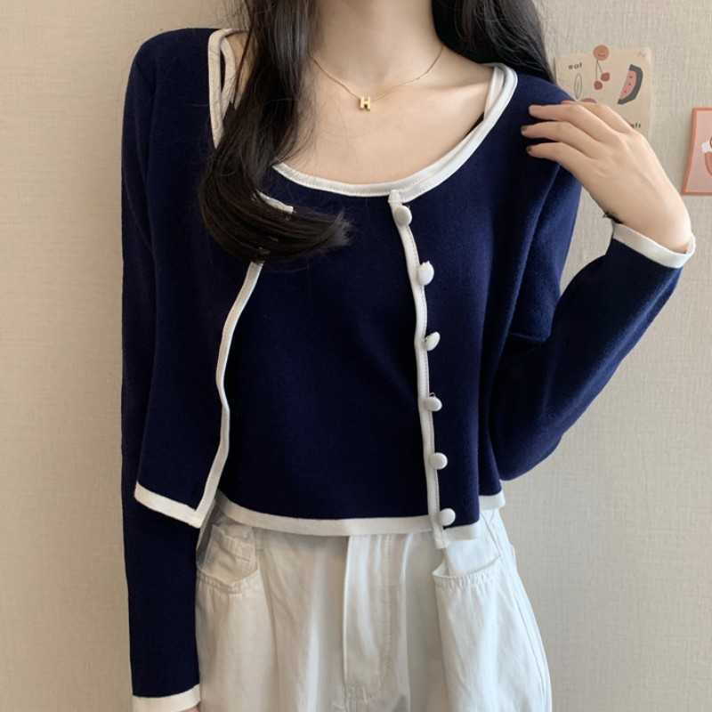 

Spring Knitted Suit Casual Fashion Single-Breasted Long-Sleeve Cardigan and Short Sling Vest Two-Piece Set Femme 210526, Picture color