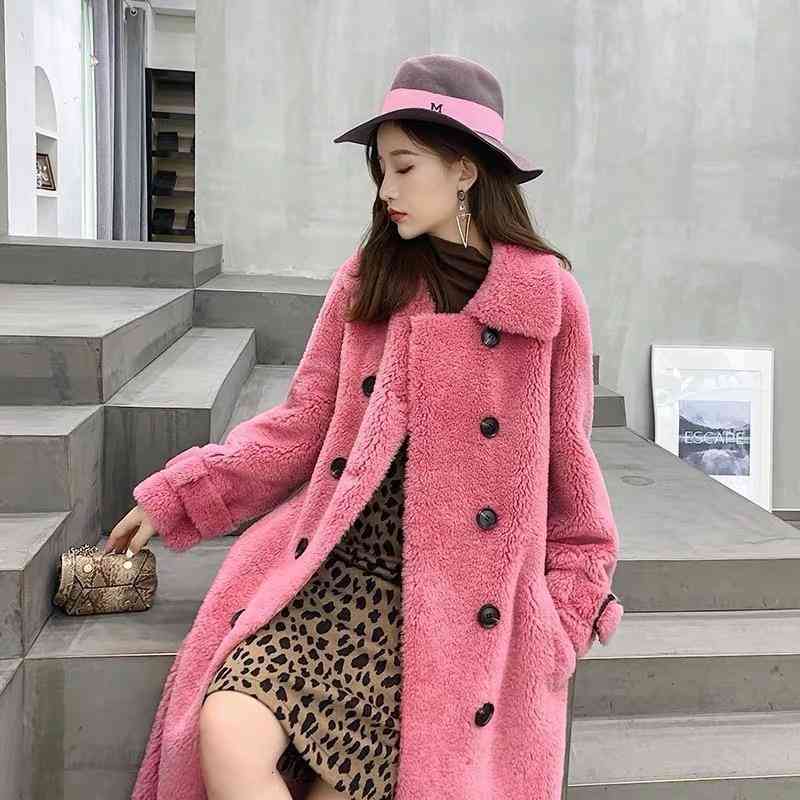 

Women's Fur & Faux Female fashion soft teddy sheep's wool outerwear double breasted meadows long winter coat thickening lanes loose clothing J5G3, 1# shoe box