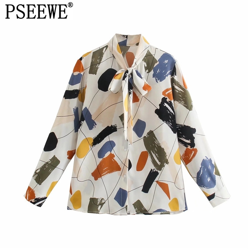 

Bow Graffiti Print Shirt Women Long Sleeve Button Up Female Spring Fashion Y2k Streetwear Chic Woman Blouse 210519, White