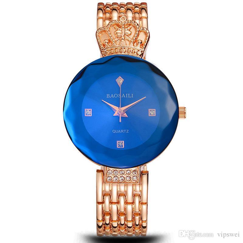 

Women Diamond Gold crown watch Luxurious Fashion Quartz clothing Watches Ladies Dress rhinestone cut surface wristwatch, Blue