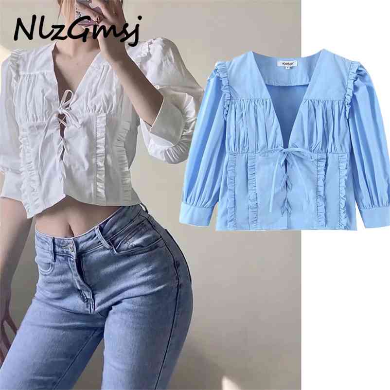 

T shirt Women Spring And Summer Style Retro Bandage V Neck Wooden Ear Puff Sleeve Shirt 03 210628, As picture