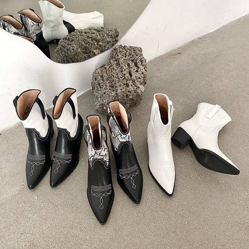 

Boots Genuine leather Western embroidery cowboy boots for women chunky plaza short heels ankle women's shoes EG7G, 1# shoe box