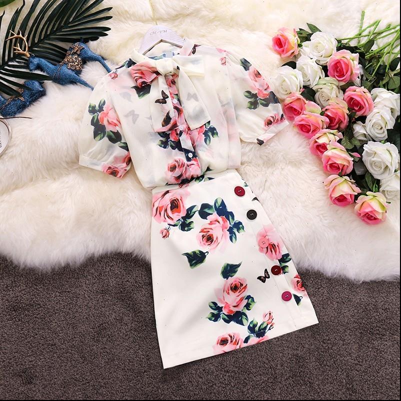 

women summer gorgeous womens tracksuits pink rose printed two piece set bow collar see through chiffon shirt colorful button, Gray