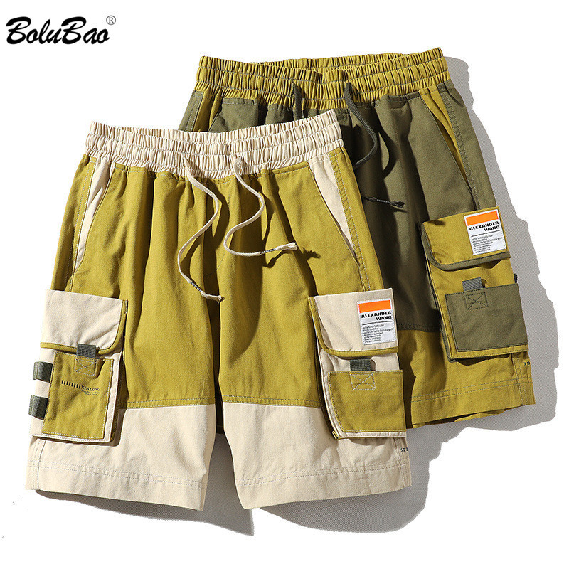

BOLUBAO Brand Men Cargo Shorts Summer Men's Harajuku Style Knee Length Shorts Fashion Patchwork Drawstring Shorts Male 210518, Army green