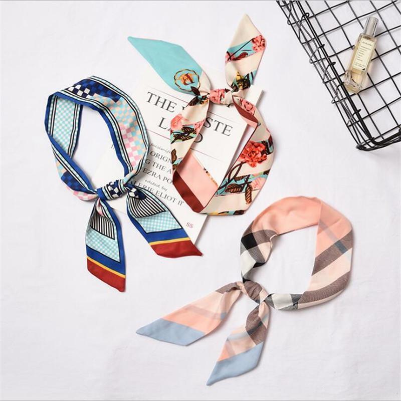 

Scarves 2021 Design Plaid Geometric Dot Print Silk Scarf Women Skinny Handle Bag Ribbons Head Band Small Long, Blue;gray
