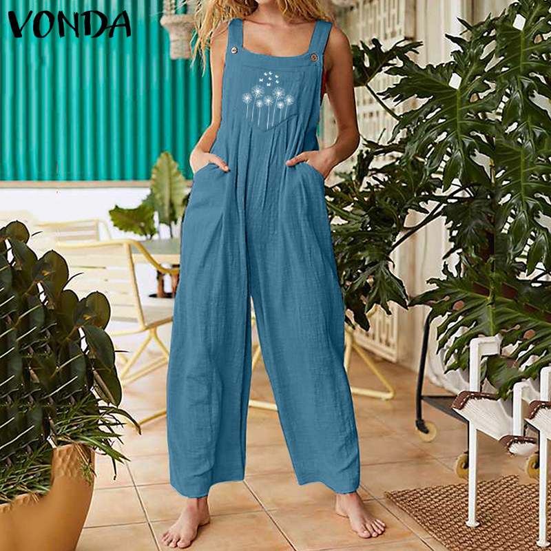 

Fashion Overalls VONDA Women Print Loose Jumpsuits Women Summer Sleeveless Rompers Female Elegant Wide Leg Playsuits Suspenders, Rust
