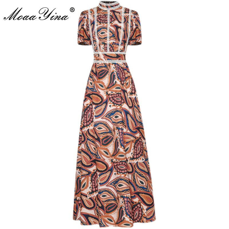 

Fashion Designer Summer Vintage Party Dress Women's Stand-up collar Short sleeve High waist Printed Long Retro 210524, Brown