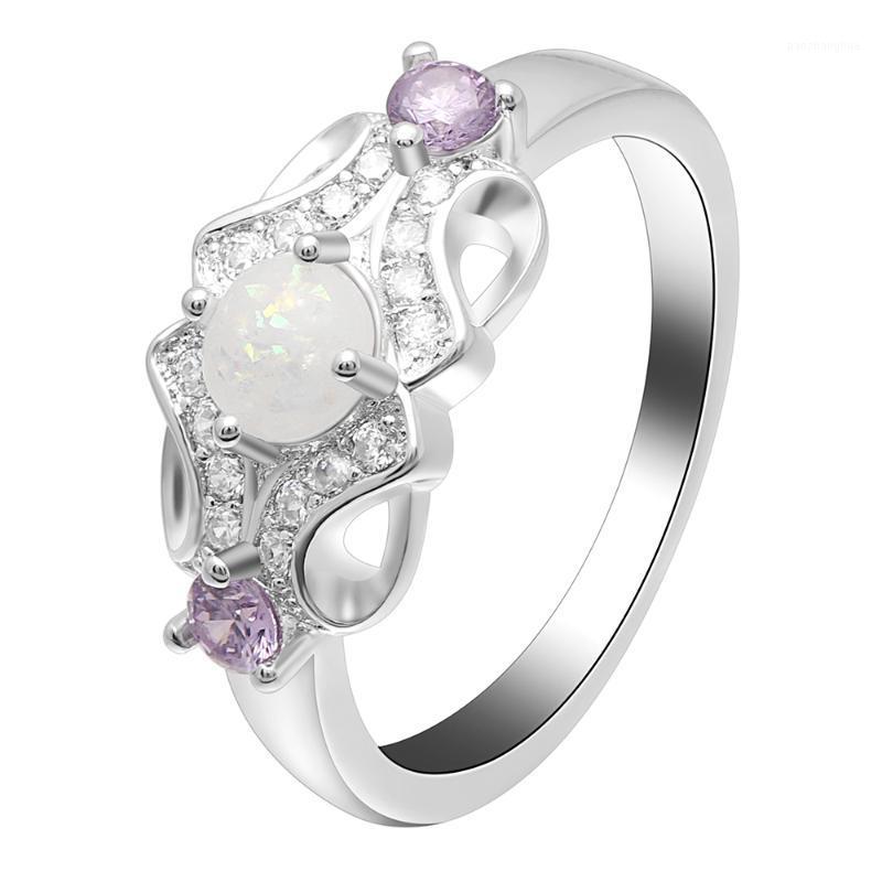 

Wedding Rings Romantic Charm Princess White Color Round Fire Opal Ring Double Purple CZ Silver Jewelry Promise Engagement For Women, Slivery;golden
