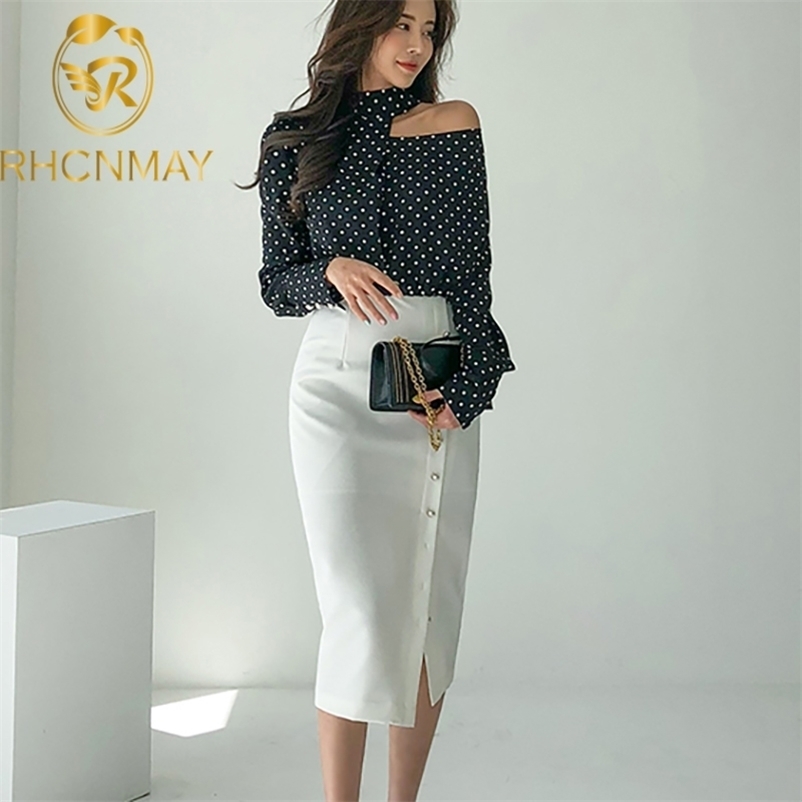 

Fashion Summer Women Skirt Suits Sexy Off Shoulder Long Sleeve Dot Blouse + Office Split Bodycon Pencil 2 Piece Set 210520, Shirt