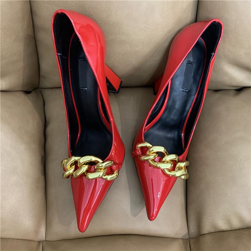 

Dress Shoes Casual Designer High Heels For Women Red Patent Leather Chains Pointy Toe Stiletto Stripper Bridal Wedding Prom Evening