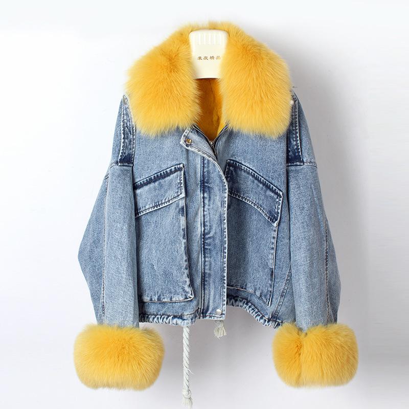 

Women's Fur & Faux Women Real Coat Parka Natural Collar Rex Liner Thick Warm Denim Jacket Streetwear Winter Short