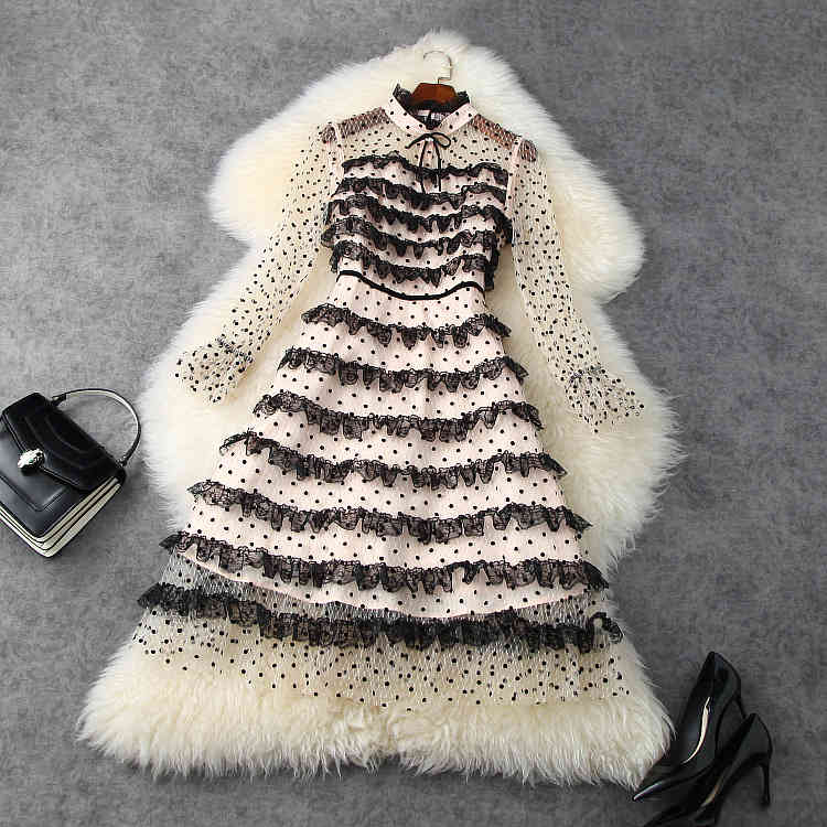 

Casual Dresses European and American women' clothing spring Long sleeve collar lace spliced polka-dot mesh Fashion dress 8AD5, Pink