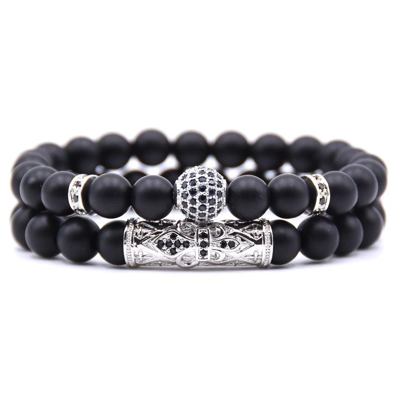 

2pcs/set Blcak Matte Stone Bracelet Men 4 Color Pave CZ Ball Charm Bracelets For Women&Men Gifts Jewelry Pulseira Beaded, Strands