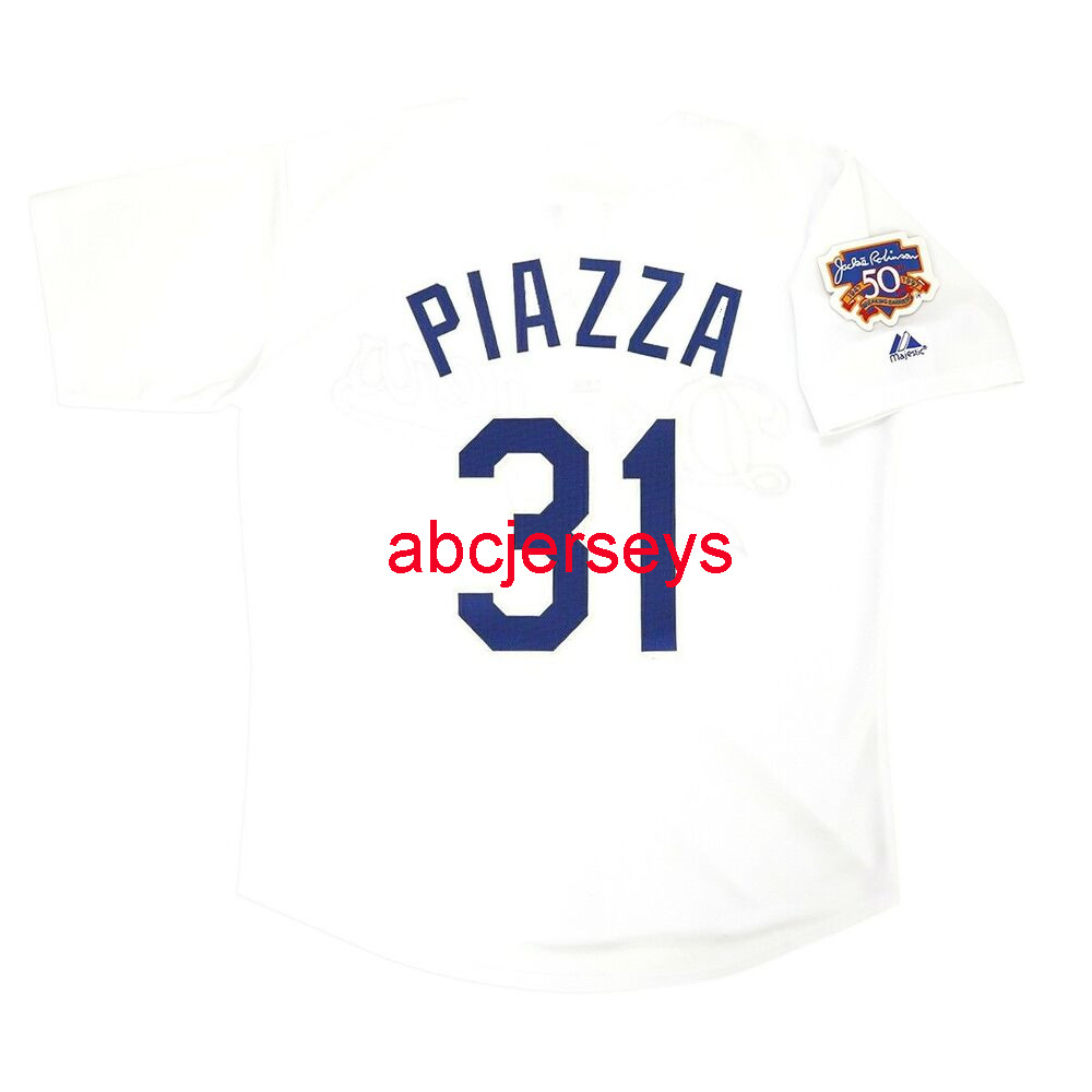 

Stitched Custom Mike Piazza 1997 Home Jersey w/ Jackie 50th Patch add name number Baseball Jersey, White