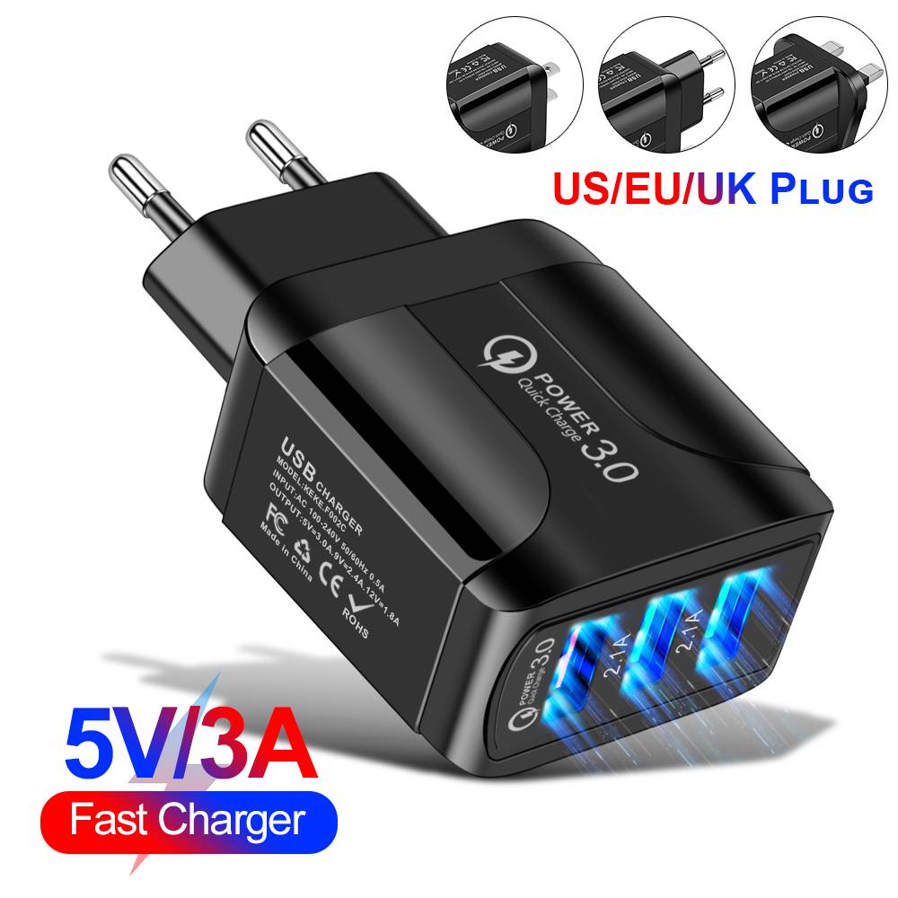 

QC 3.0 3A Fast Quick Charge 3 Port USB with LED Charger Adapter US UK EU Plug Compatible for iPhone iPad Samsung xiaomi huawei Phone Accessories Color Black White