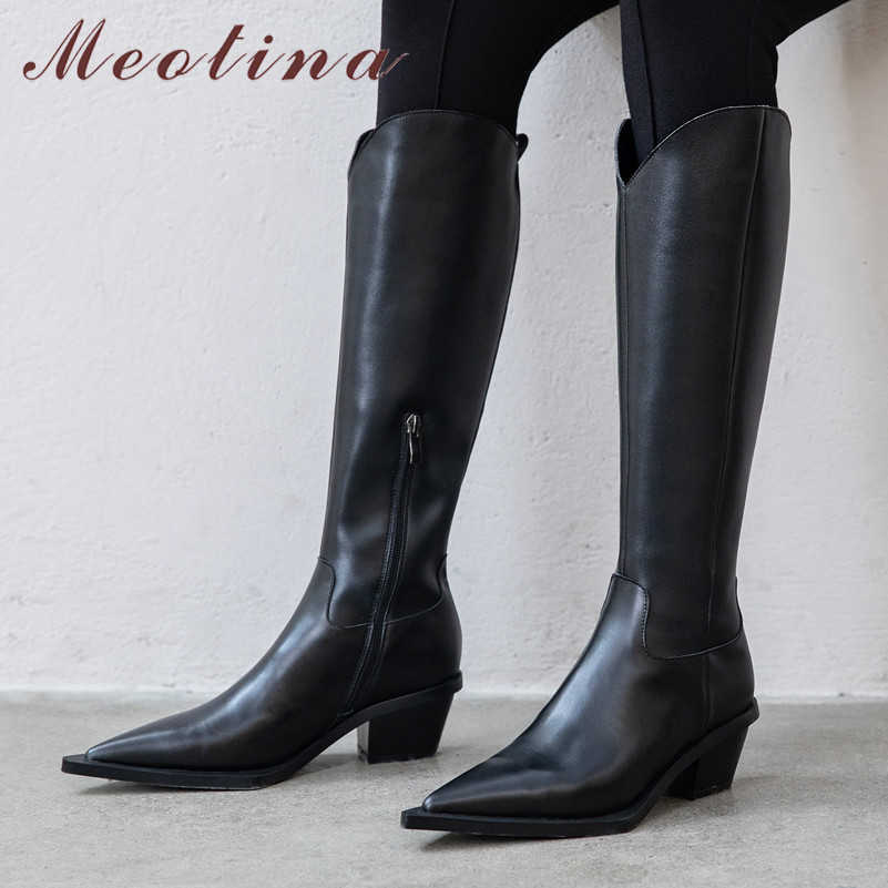 

Meotina Winter Western Boots Women Natural Genuine Leather Thick High Heel Knee High Boots Zipper Pointed Toe Shoes Lady Fall 39 210608, Black synthetic lini