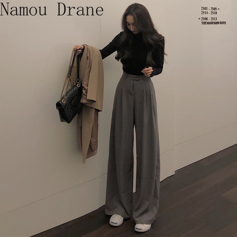 

Women's Pants & Capris Back stylish high-waist solid-colored leg straight-fashion let loose show fine casual female tendency, Black