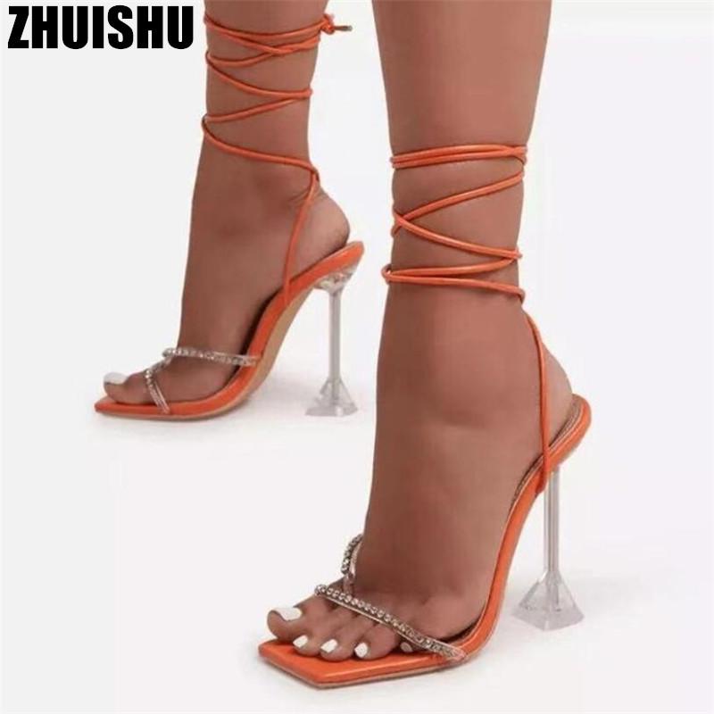 

High Heels Women Sandals 2021 Summer Fashion Rhinestone Ankle Strap Femmes Shoes Rome Open Toe Large Size Flats, Black