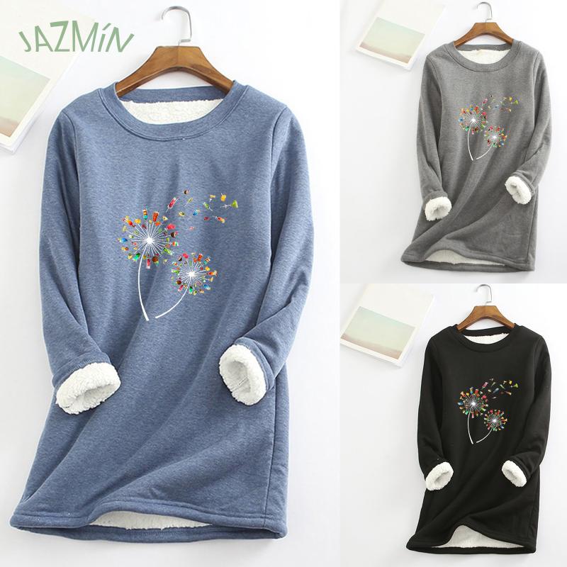 

Women's Hoodies & Sweatshirts Printed Lady Top Round Neck Plus Velvet Sweatshirt Mid-length Long-sleeved Winter Pullover Hoodie Loose Home S, Black