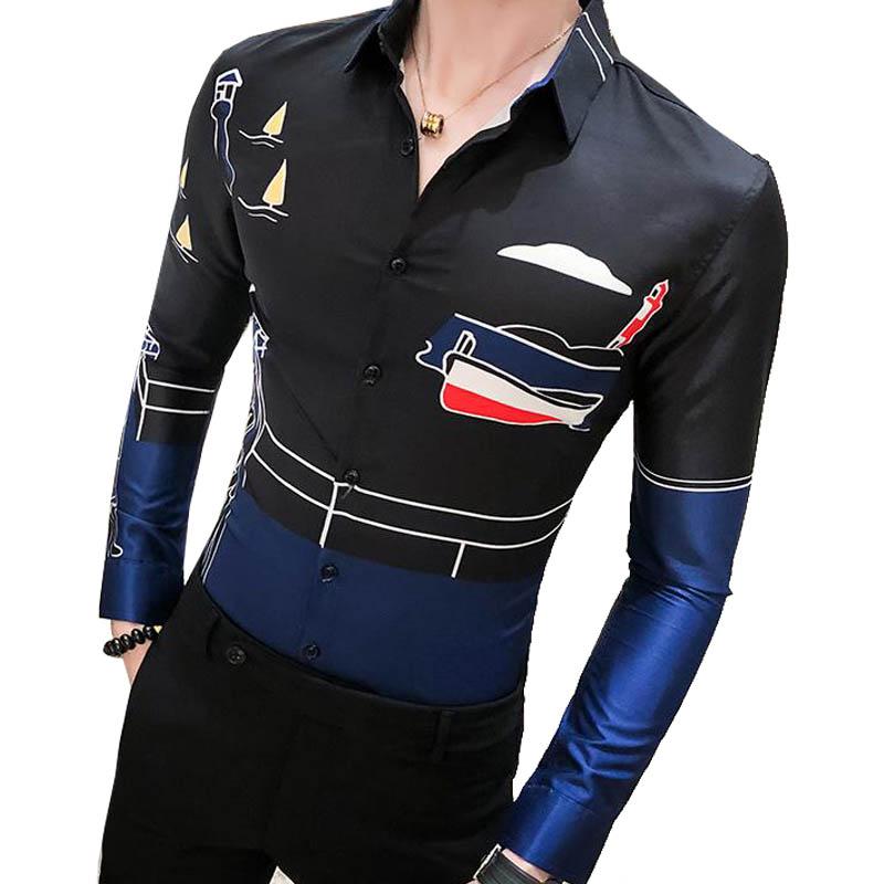 

Men's Casual Shirts 2021 Men Shirt Designer Print Long Sleeve Slim Business Dress Streetwear Clothes Camisa Social Masculina, Black