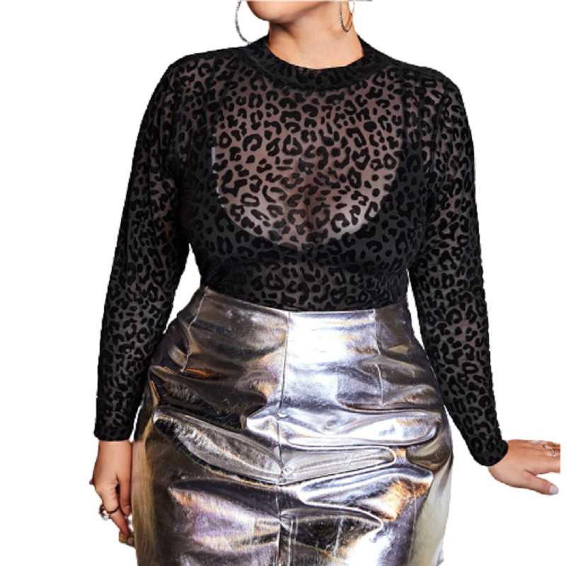 

Plus Size T-Shirt Leopard Print Sexy Transparent Mesh Top For Women Long Sleeve Skinny Tshirts O-Neck Black Lady Blouses Camiseta Mujer